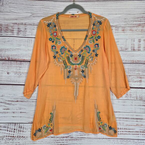 Johnny Was Orange Tropical Blouse (S) Multicolor Emboidered Whimsy Fairy V-Neck - Picture 3 of 13